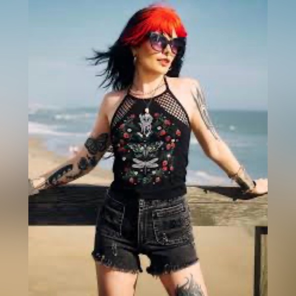 Midnight hour strawberry skull witchy tank top Halloween goth stretch fishnet - Picture 5 of 5